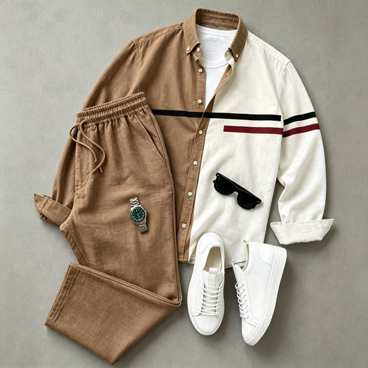 Men's Two-Tone Printed Long-Sleeve Shirt and Pants Set