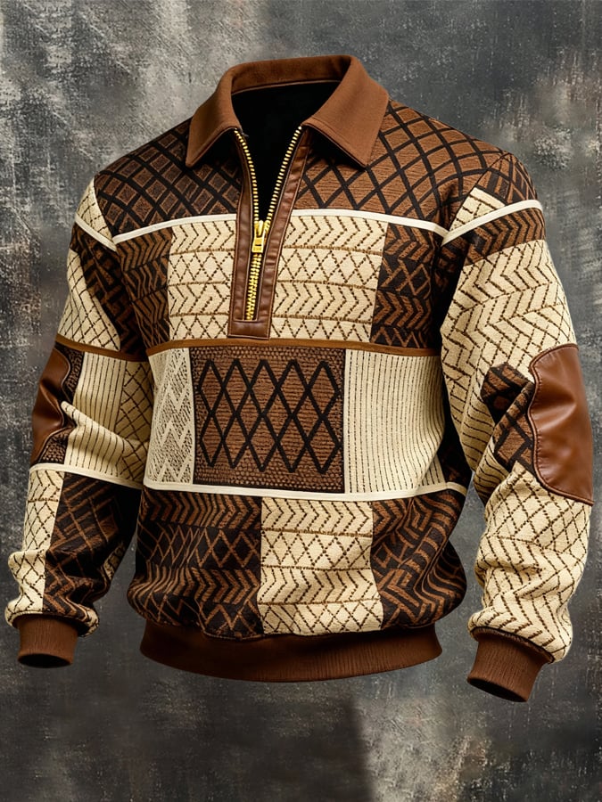 Men's Retro Color Block Print Zipper Sweatshirt