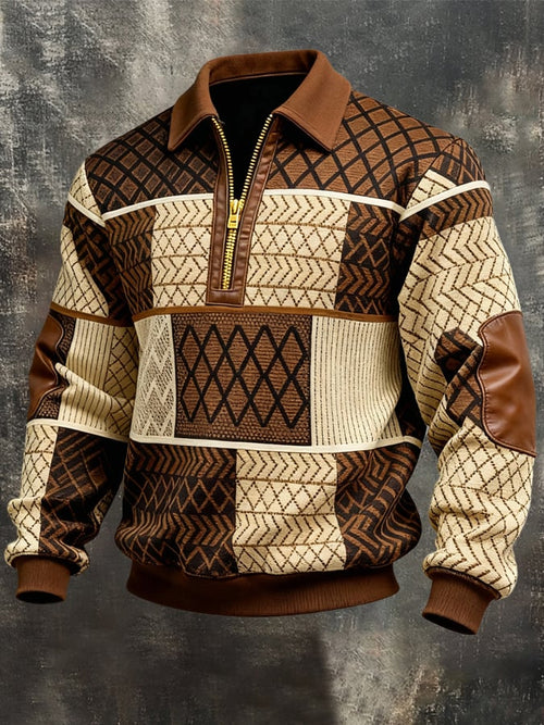 Men's Retro Color Block Print Zipper Sweatshirt