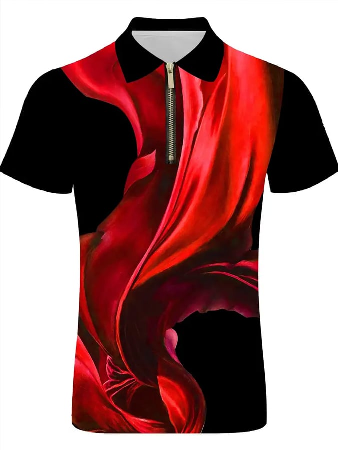 Men's Casual Color Block Zip-Up Polo Shirt