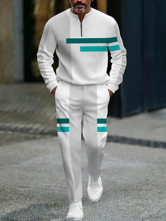 Men's Casual Gray & White Color Matching Striped Printed Round-Neck Zipper Long Sleeved Trousers Two-Piece Set