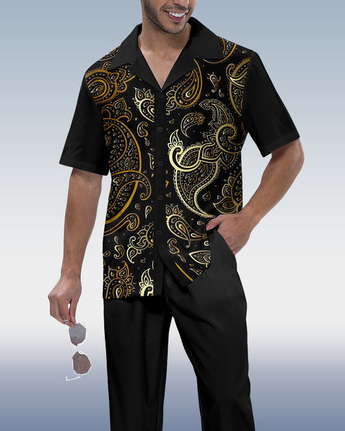 Rianmond Men's Paisley Print Short Sleeve Shirt Walking Set 657