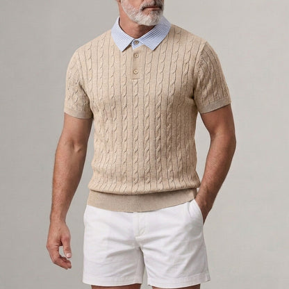 Men's Cable Knitted Striped Turndown Collar Short Sleeve 2 in 1 Polo Shirt