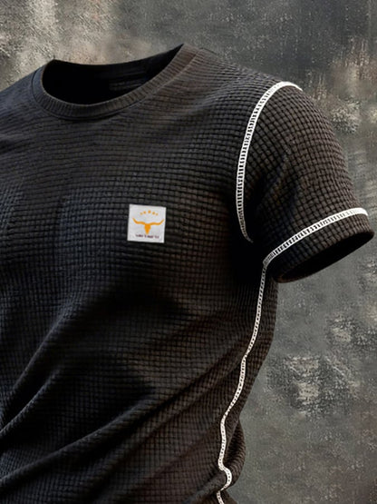 Men's Retro Color Block Waffle Knit Crew Neck Short Sleeve Top