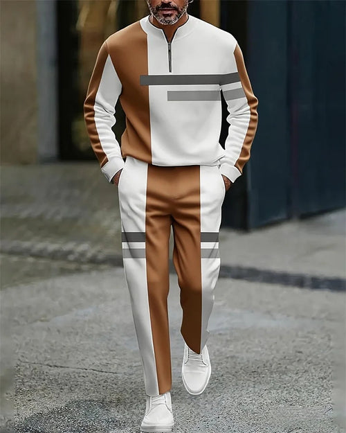 Men's Casual Color Matching Printed Round-Neck Zipper Long Sleeved Trousers Two-Piece Set