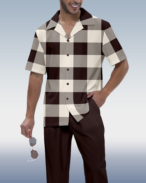 Rianmond Men's Colorblock Check Short Sleeve Shirt Walking Set 366