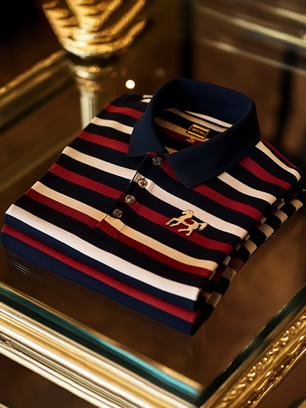 Men's Retro Business Stripe Print Long Sleeve POLO Shirt