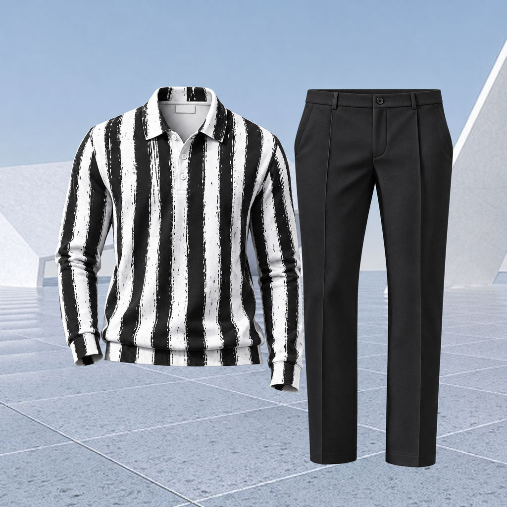 Men's Striped Printed Polo Shirt and Pants Two-Piece Set