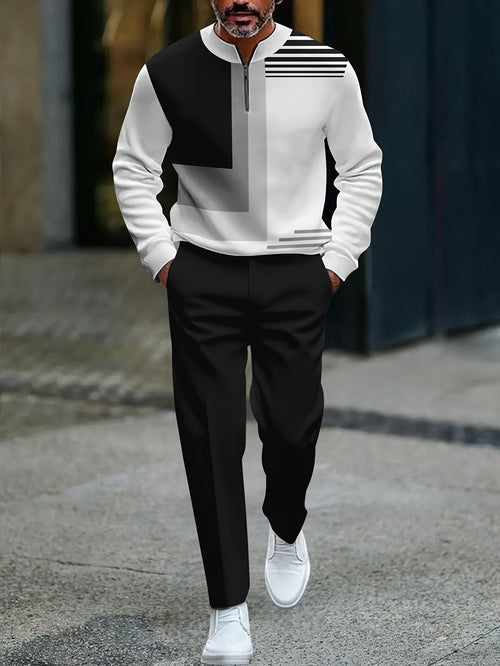 Men's Casual Black & White Color Matching Geometric Printed Round-Neck Zipper Long Sleeved Trousers Two-Piece Set