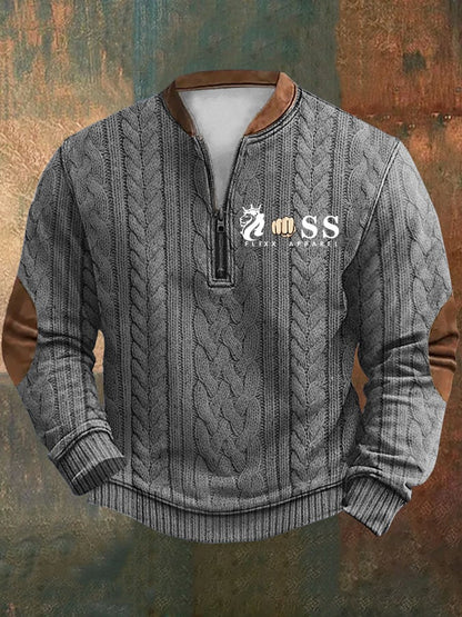 Men's Retro Letter Print Zipper Neck Knit Sweatshirt