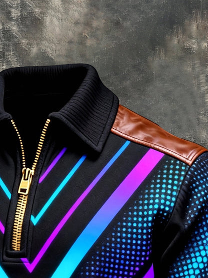 Men's Vintage Color-Block Printed Zip-Up Hoodie