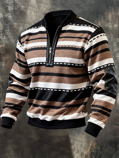 Men's Retro Color Block Print Color-Blocked Zip-Up Sweatshirt