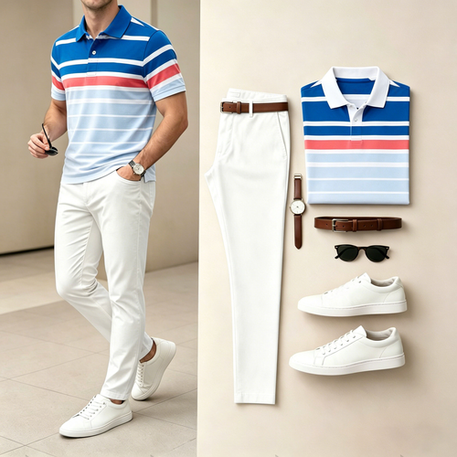 Men's Casual Striped Color-Block Print Short-Sleeve Polo Shirt And Pants Set (Excludes Accessories Such As Watches And Belts)