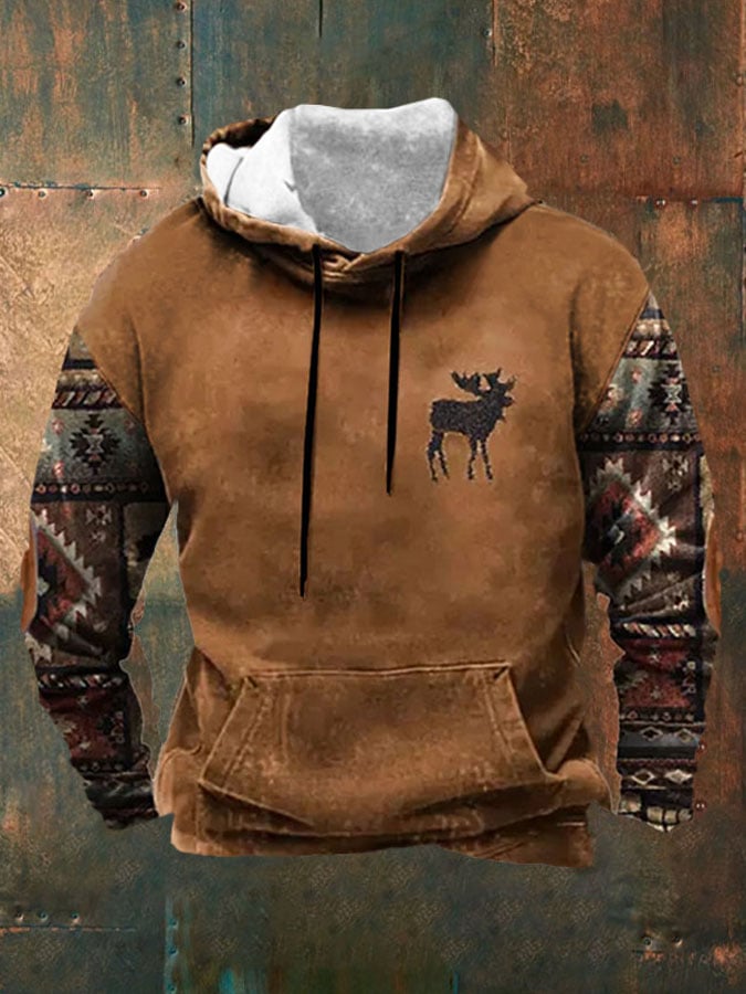 Men's Casual Western Print Long Sleeve Hooded Sweatshirt