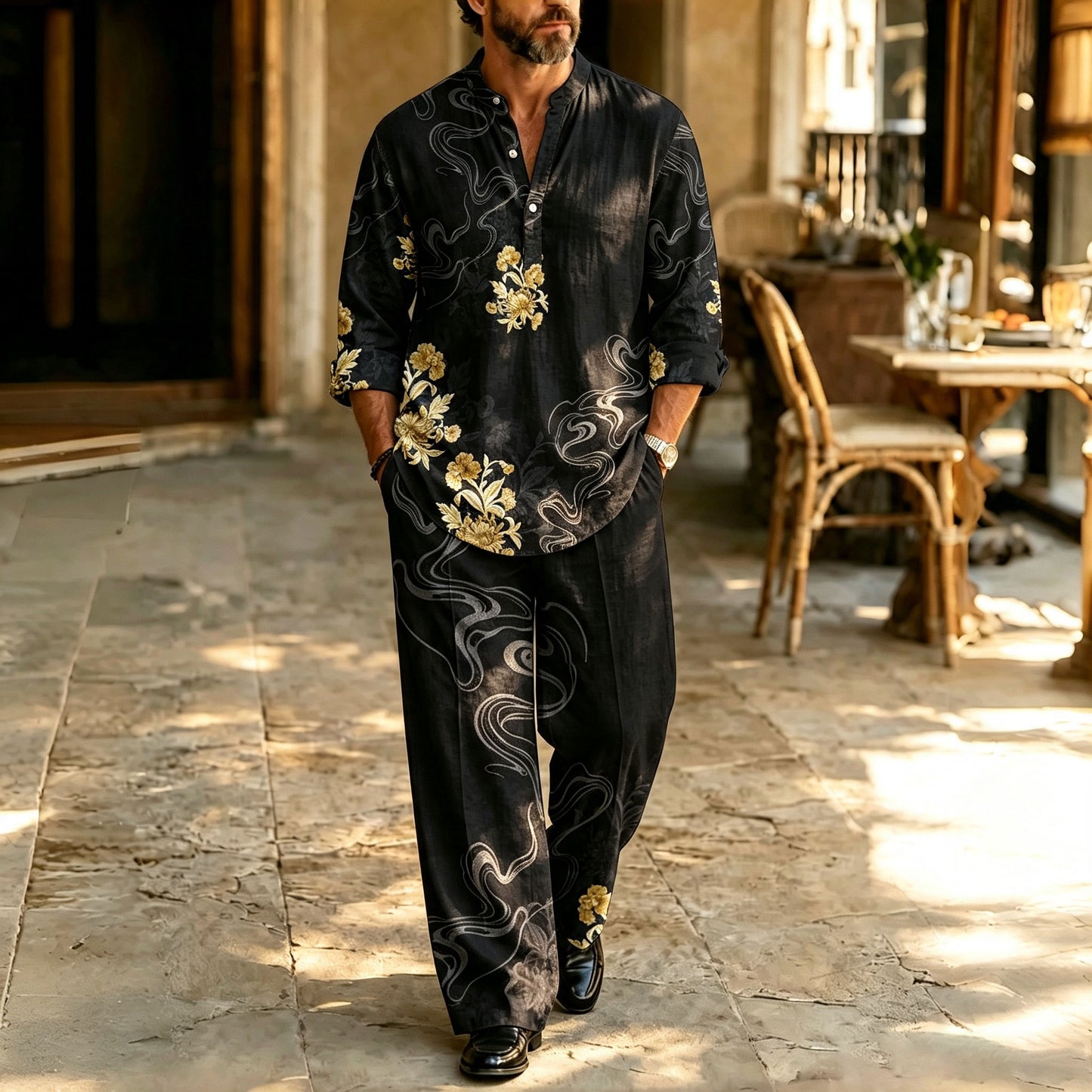 Men's Floral-Print Stand-Collar Polo Shirt and Pants Set