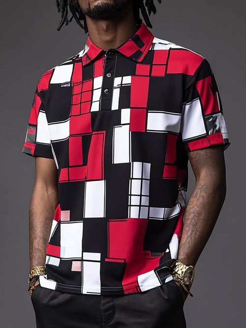 Men's Business Stripe Logo Button-Down Short Sleeve Polo Shirt