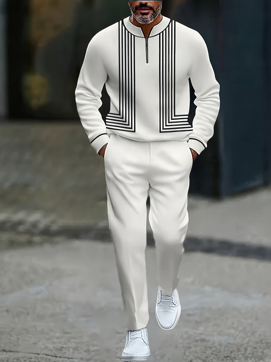 Men's Casual Color Matching Printed Round-Neck Zipper Long Sleeved Trousers Two-Piece Set