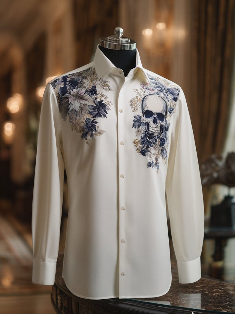 Men's Business Casual Skull Floral Lapel Long Sleeve Shirt
