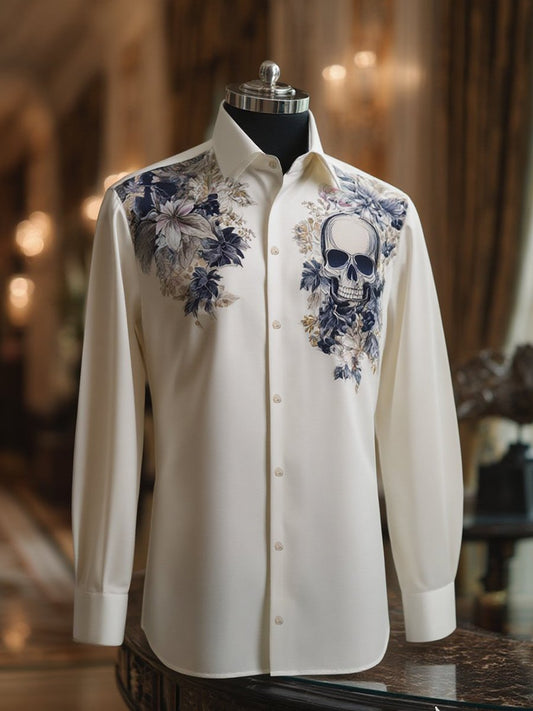 Men's Business Casual Skull Floral Lapel Long Sleeve Shirt