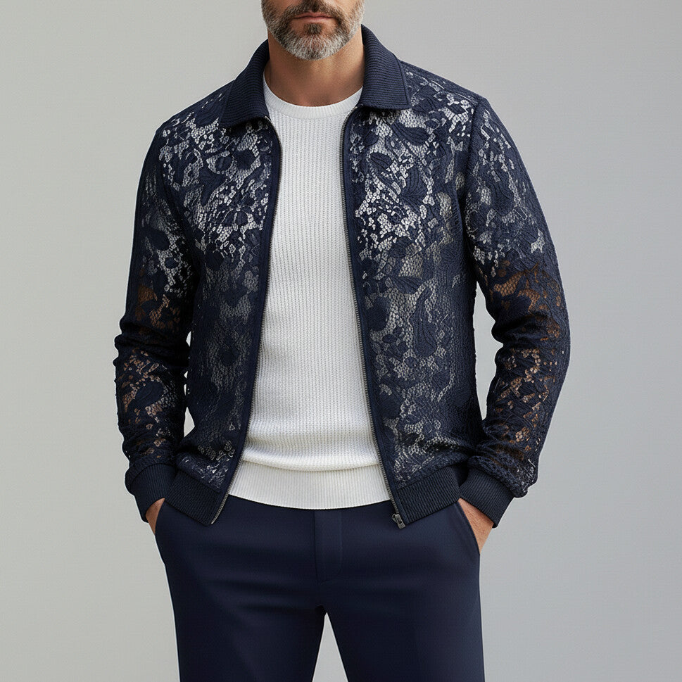 Men's Stylish Midnight Blue Guipure Lace Ribbed Cuffs Turndown Collar Zipper Jacket
