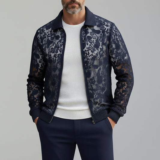 Men's Stylish Midnight Blue Guipure Lace Ribbed Cuffs Turndown Collar Zipper Jacket