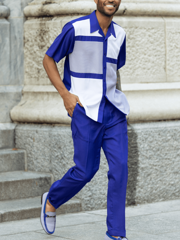 Mens Walking Suits Purple Color Block Design Short Sleeve Mens Leisure Suits