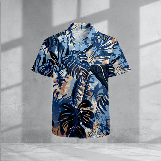 Men's Casual Blue Leaf Pattenr Hawaii Style Short-Sleeve Shirts