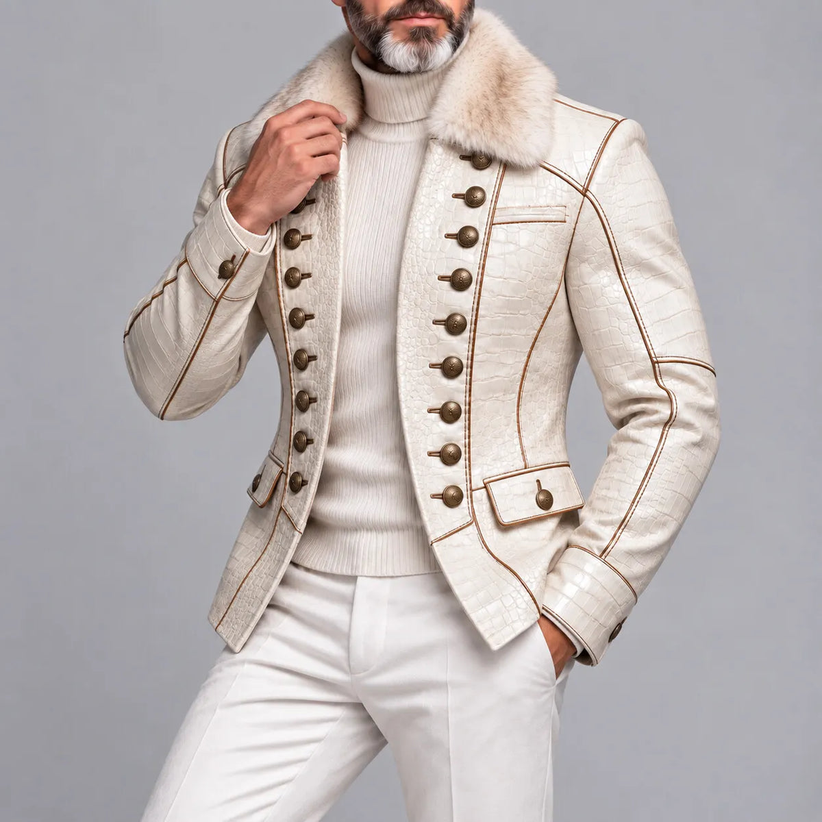 Men's Beige Crocodile Texture PU Leather Contrast Piping Fuzzy Collar Double Breasted Jacket