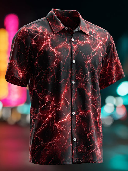 Men's Business Casual Lightning Print Lapel Short-Sleeved Shirt