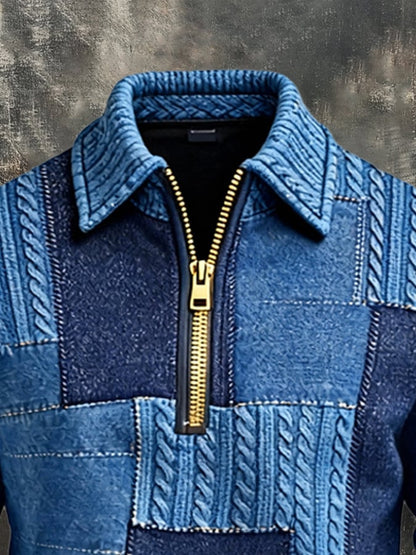 Men's Retro Color Block Print Zipper Sweatshirt