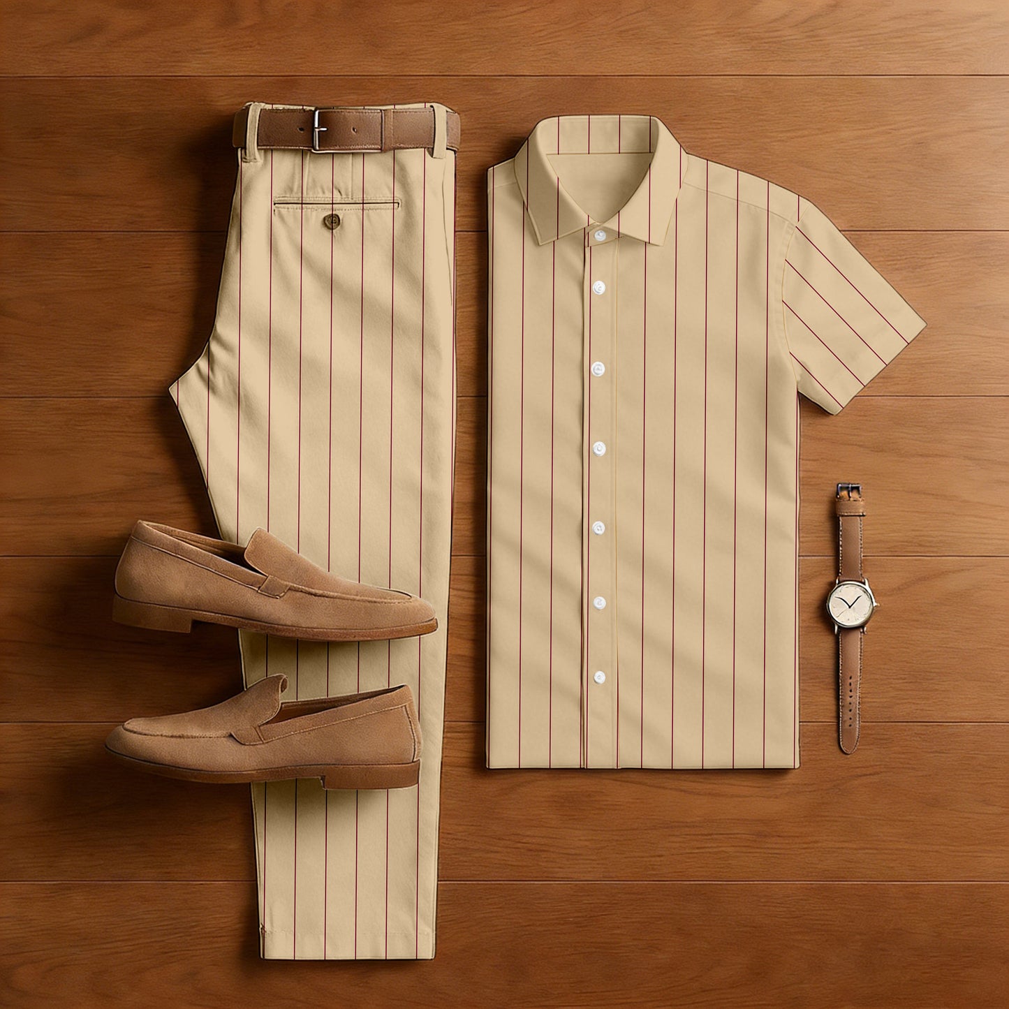 Men's Casual Tan & Red Color Matching Striped Print Short-Sleeve Shirt & Trousers Two-Piece Set