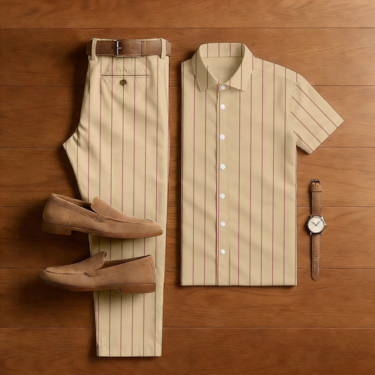 Men's Casual Tan & Red Color Matching Striped Print Short-Sleeve Shirt & Trousers Two-Piece Set