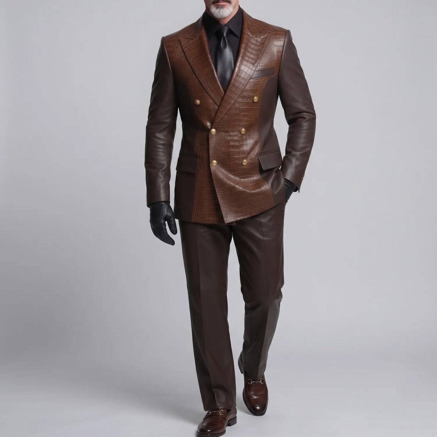 Men's Dark Brown PU Leather Crocodile Pattern Peak Lapel Double-Breasted Two-Tone Blazer
