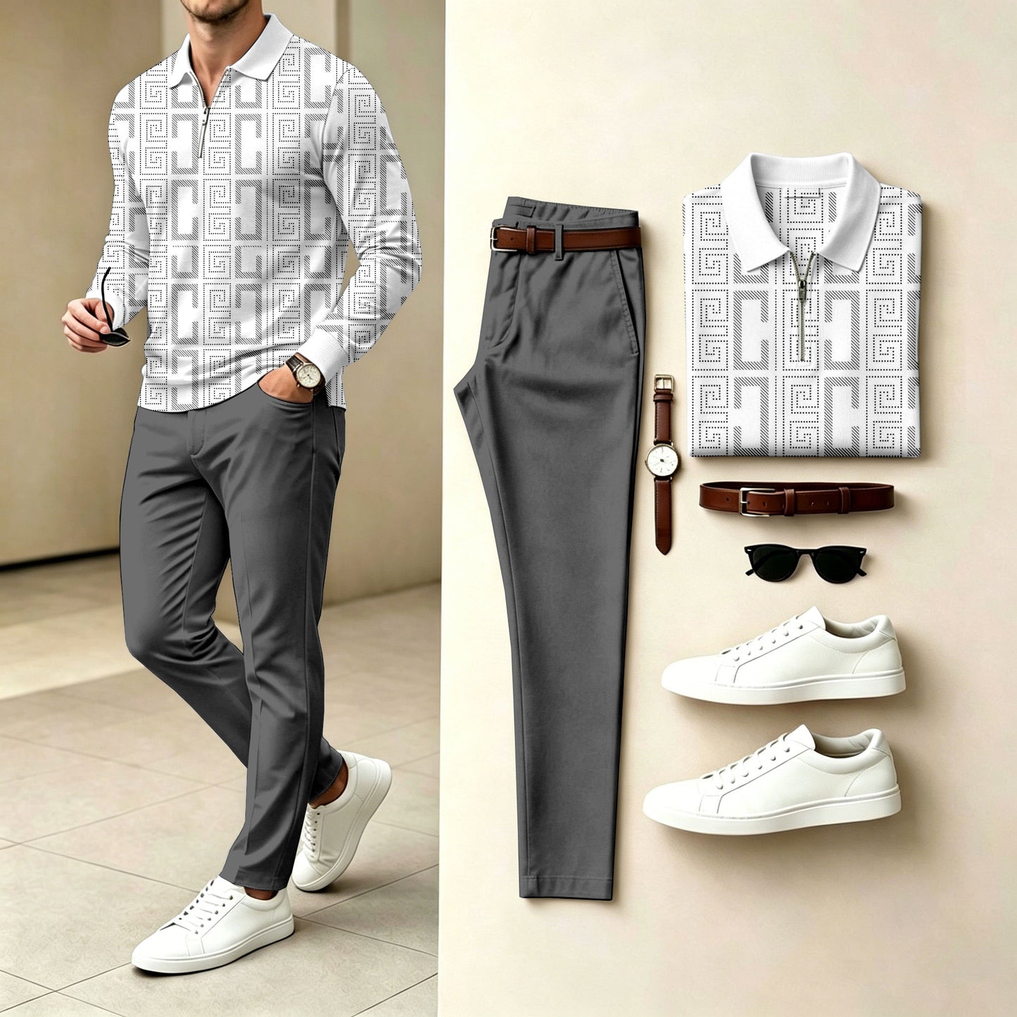 Men's Polo-Collar Zipper Long-Sleeve Shirt and Pants Two-Piece Set