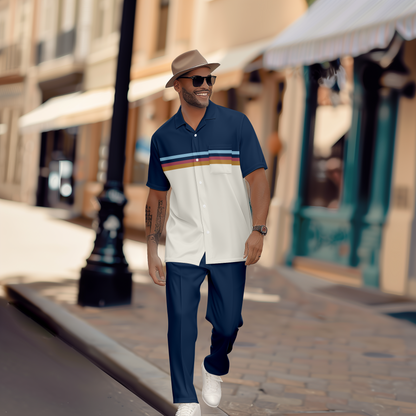 Men's retro colorblock printed short-sleeved shirt walking Suit 1078