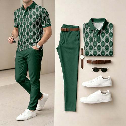 Men's Casual Dark Green Plaid Printed Polo Shirt And Pants Two-Piece Set