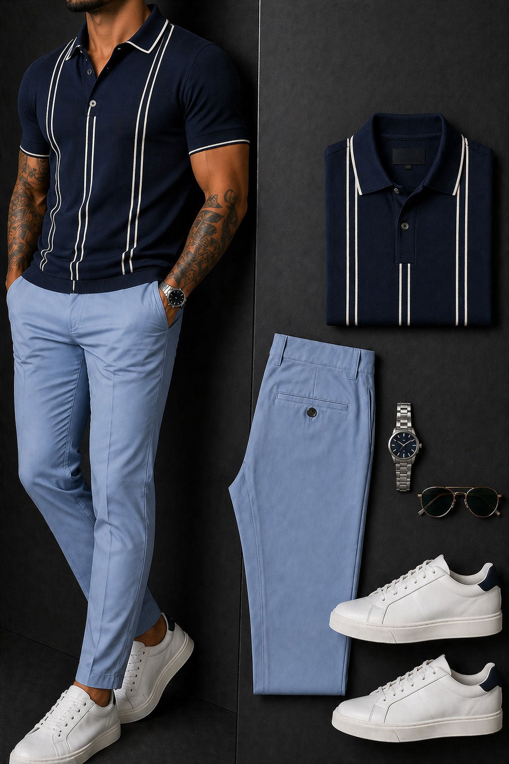 Men's Casual Navy Blue & Sky Blue Color Matching Striped Printed Polo Collar Top & Pants Two-Piece Set