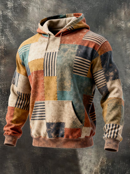 Men's Retro Distressed Color Block Print Casual Long Sleeve Sweatshirt