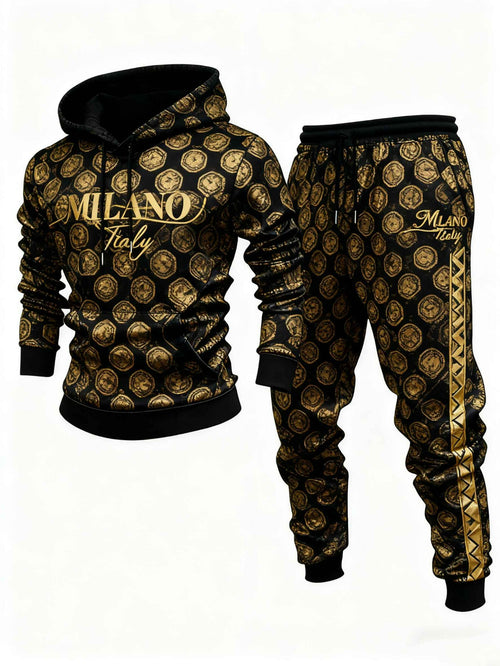 Men's Casual Gold & Black Color Matching Geometric Printed Hoodies Long Sleeved Sweatshirts & Sweatpants Two-Piece Set