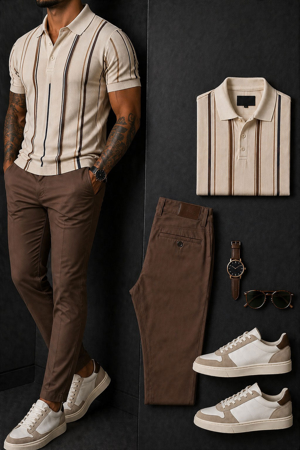 Men's Casual Apricot Coffee Color Matching Striped Printed Polo Collar Top & Pants Two-Piece Set
