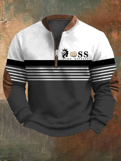 Men's Retro Letter Design Printed Casual Zipper Collar Long-Sleeved Sweatshirt