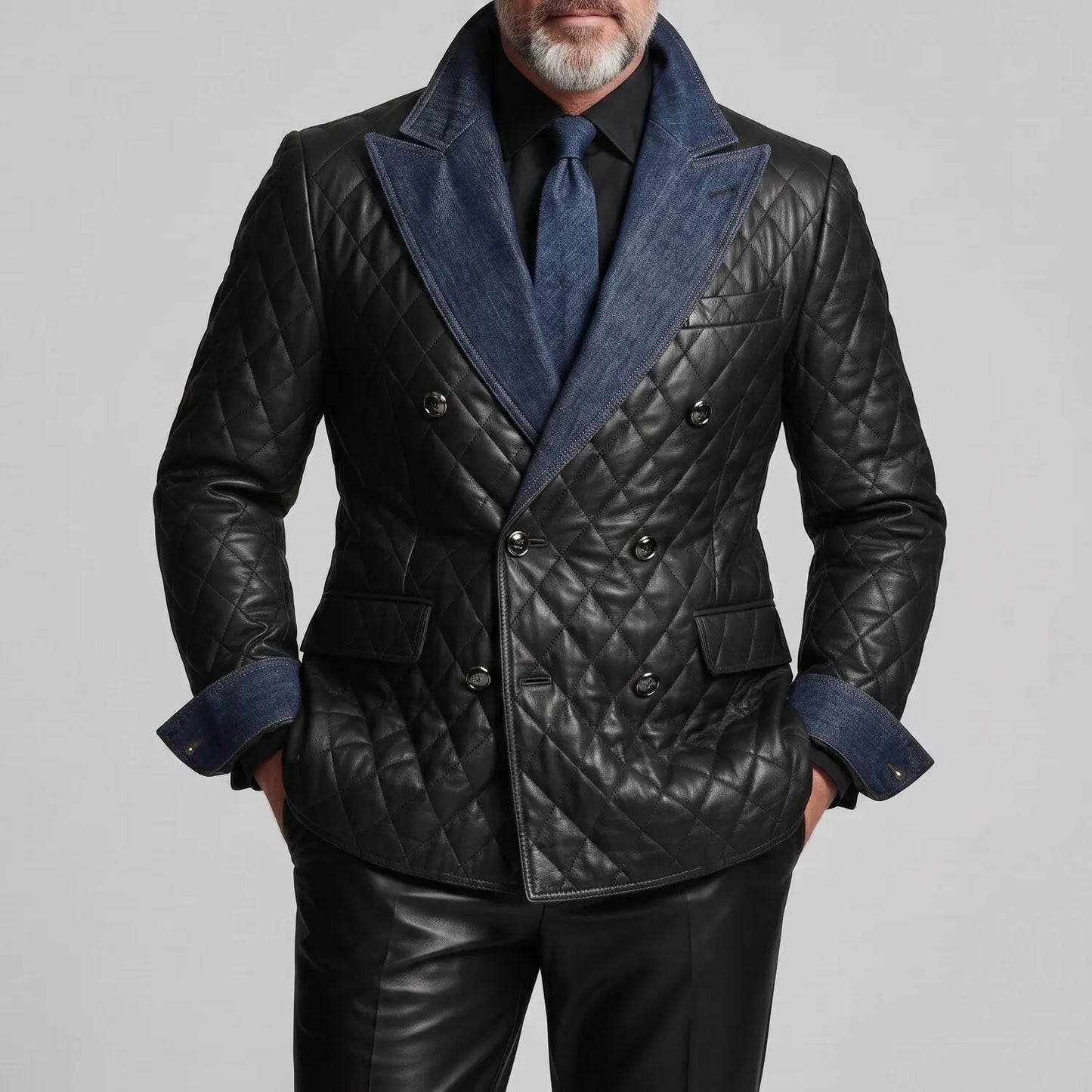 Men's Black Double-Breasted Denim Contrast Peak Lapel Quilted PU Leather Blazer