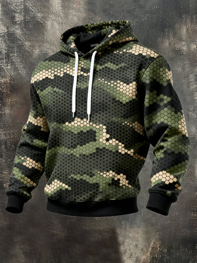 Men's Retro Distressed Color Block Camouflage Print Casual Long Sleeve Sweatshirt