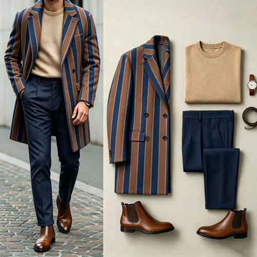Men's Striped Three-Piece Set: Mid-Length Wool Coat, Crew-Neck Sweater, and Flowy Dress Pants