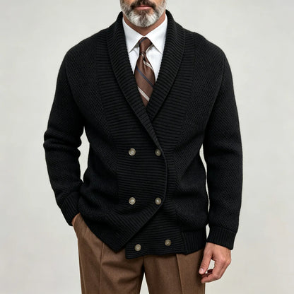Men's Solid Color Ribbed Shawl Collar Double-Breasted Business Casual Knitted Cardigan
