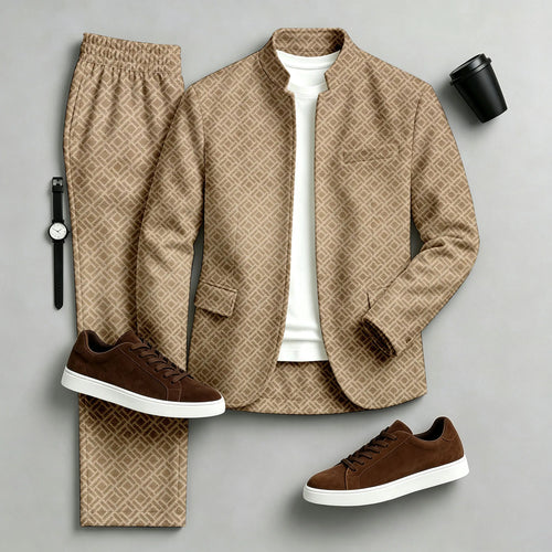 Men's Printed Stand-Collar Jacket and Pants Set