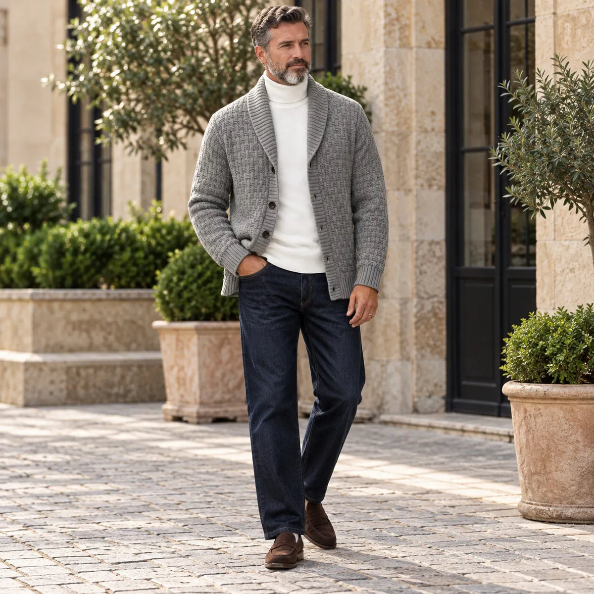 Men's Gray Geometric Textured Knit Shawl Lapel Single-Breasted Cardigan