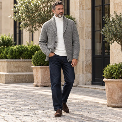 Men's Gray Geometric Textured Knit Shawl Lapel Single-Breasted Cardigan