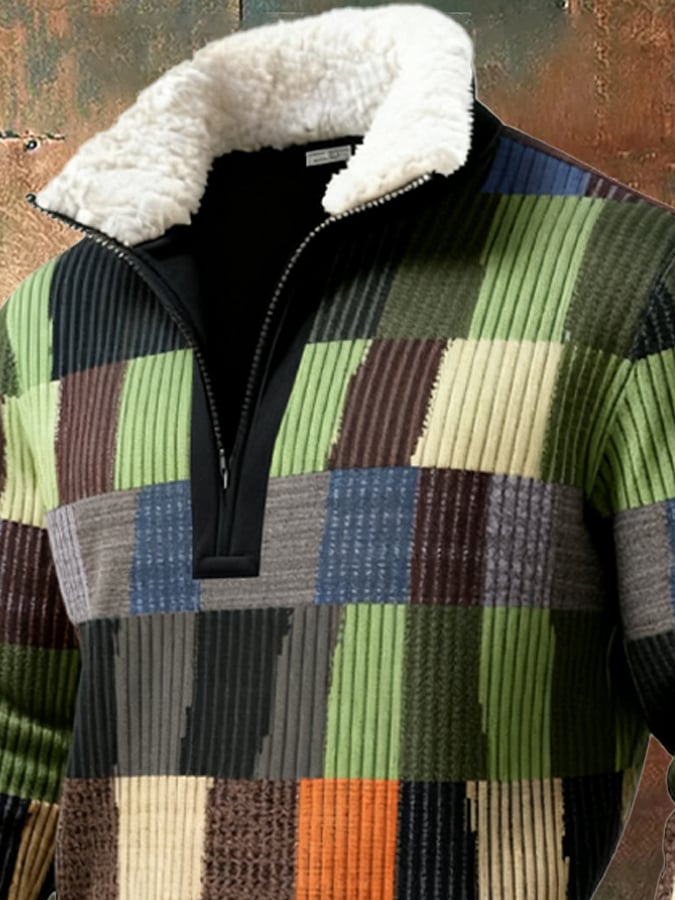 Men's Retro Color Block Print Casual Fur Collar Sweatshirt