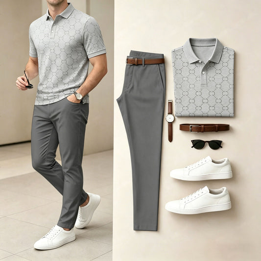 Men's Casual Gray Plaid Printed Polo Shirt And Pants Two-Piece Set